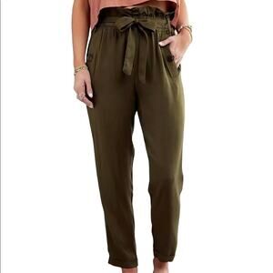 Know One Cares Olive Green Rayon Paper bag Waist Tie front Pants Large